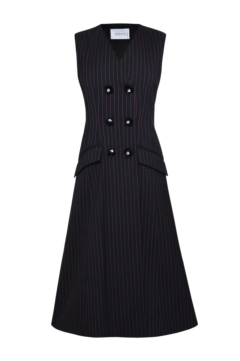 BLACK DOUBLE BREASTED PINSTRIPE MIDI DRESS