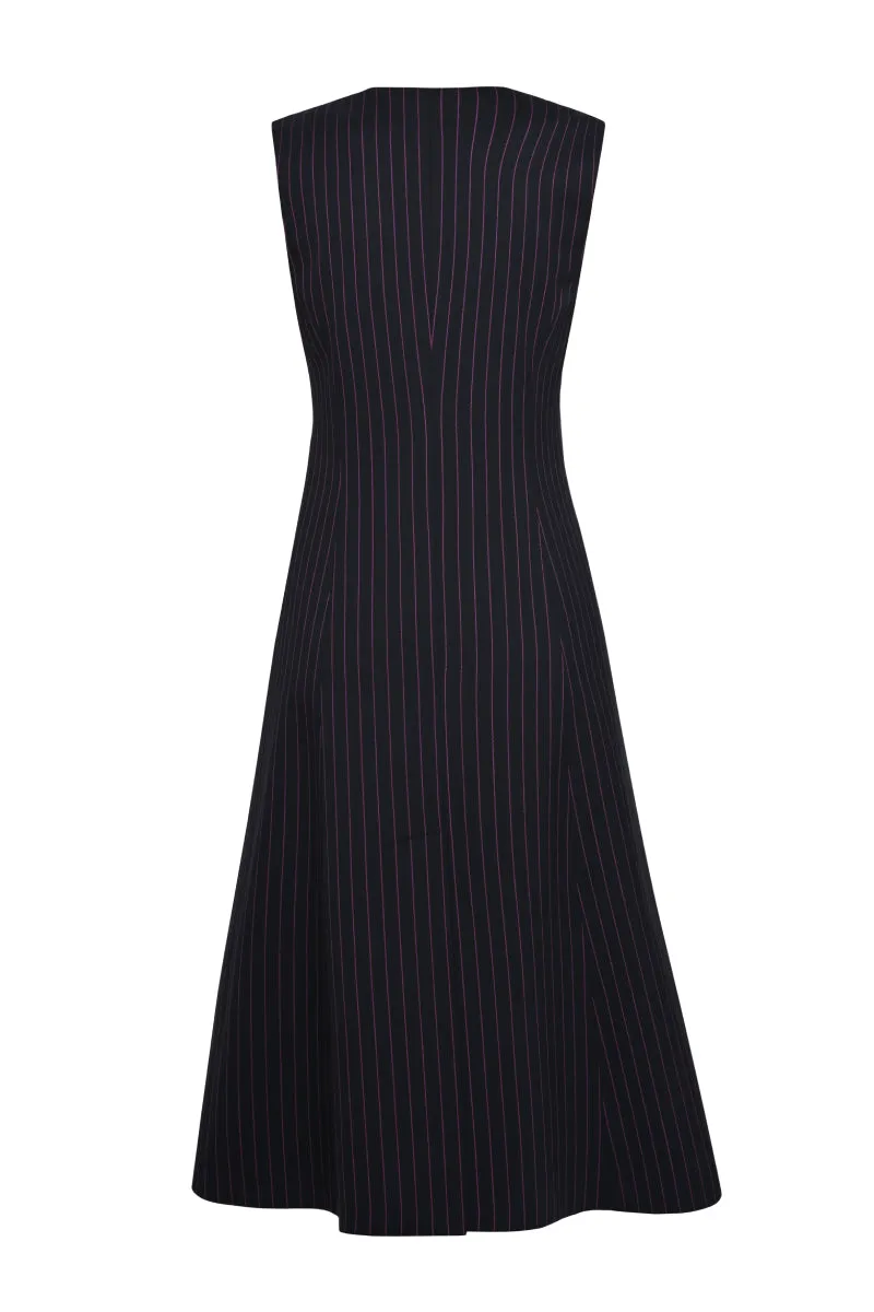 BLACK DOUBLE BREASTED PINSTRIPE MIDI DRESS