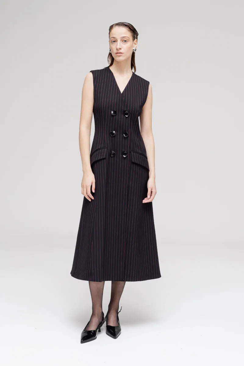 BLACK DOUBLE BREASTED PINSTRIPE MIDI DRESS