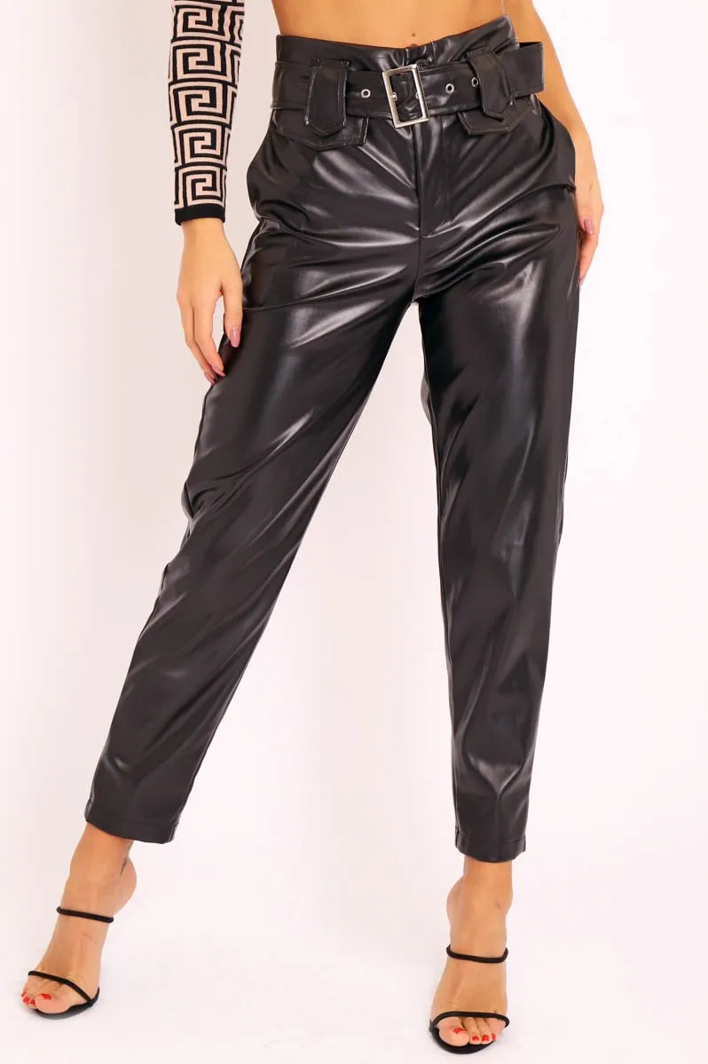 Black Faux Leather Belted Straight Leg Trousers - Jamese