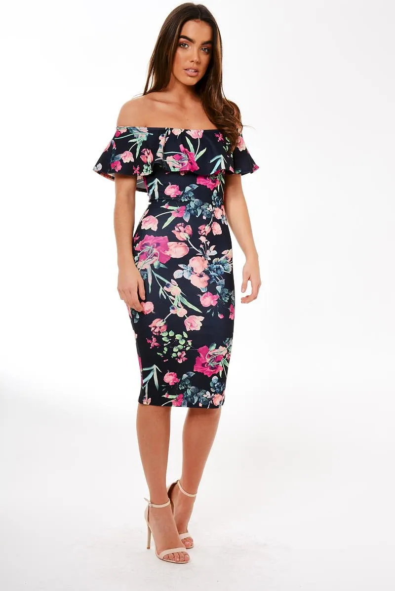 Black Frill Bardot Floral Midi Dress - Joanne