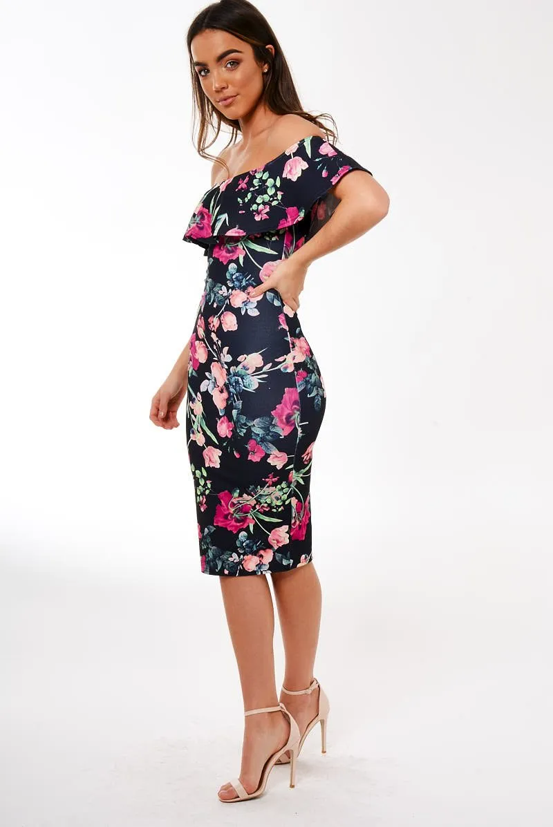 Black Frill Bardot Floral Midi Dress - Joanne