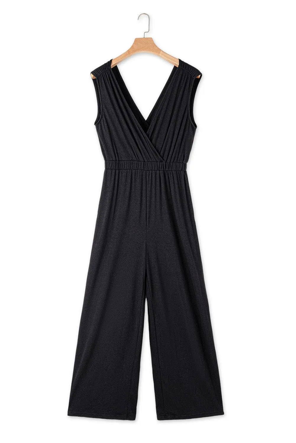 Black Jumpsuit with Backless Plunging Neck and Spaghetti Sleeve Wide Leg Pants