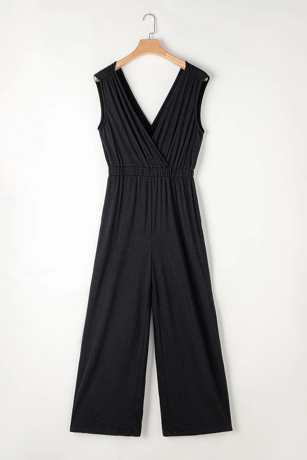 Black Jumpsuit with Backless Plunging Neck and Spaghetti Sleeve Wide Leg Pants