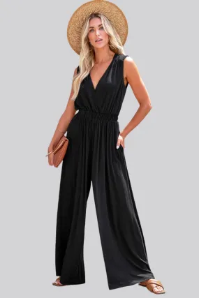 Black Jumpsuit with Backless Plunging Neck and Spaghetti Sleeve Wide Leg Pants