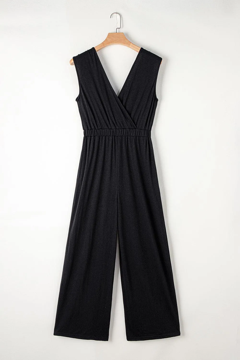 Black Jumpsuit with Backless Plunging Neck and Spaghetti Sleeve Wide Leg Pants