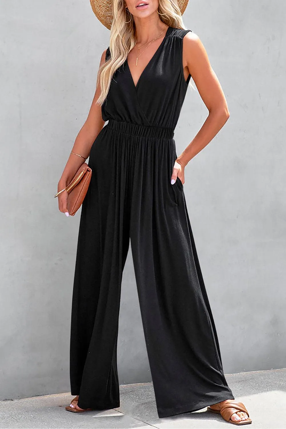 Black Jumpsuit with Backless Plunging Neck and Spaghetti Sleeve Wide Leg Pants