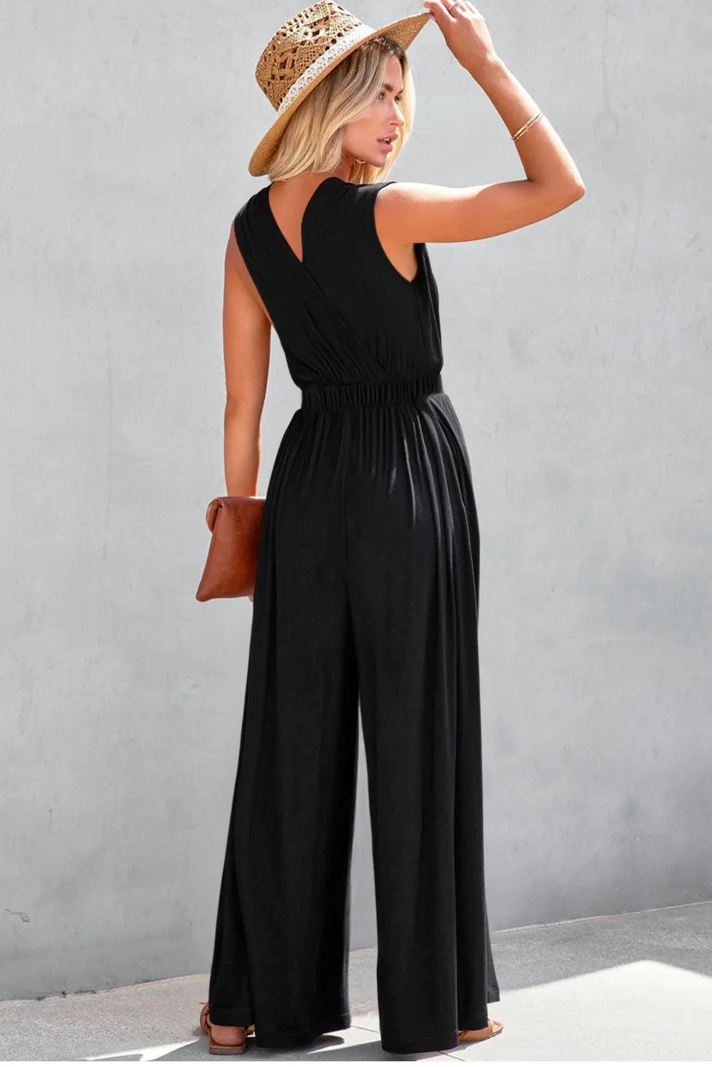 Black Jumpsuit with Backless Plunging Neck and Spaghetti Sleeve Wide Leg Pants