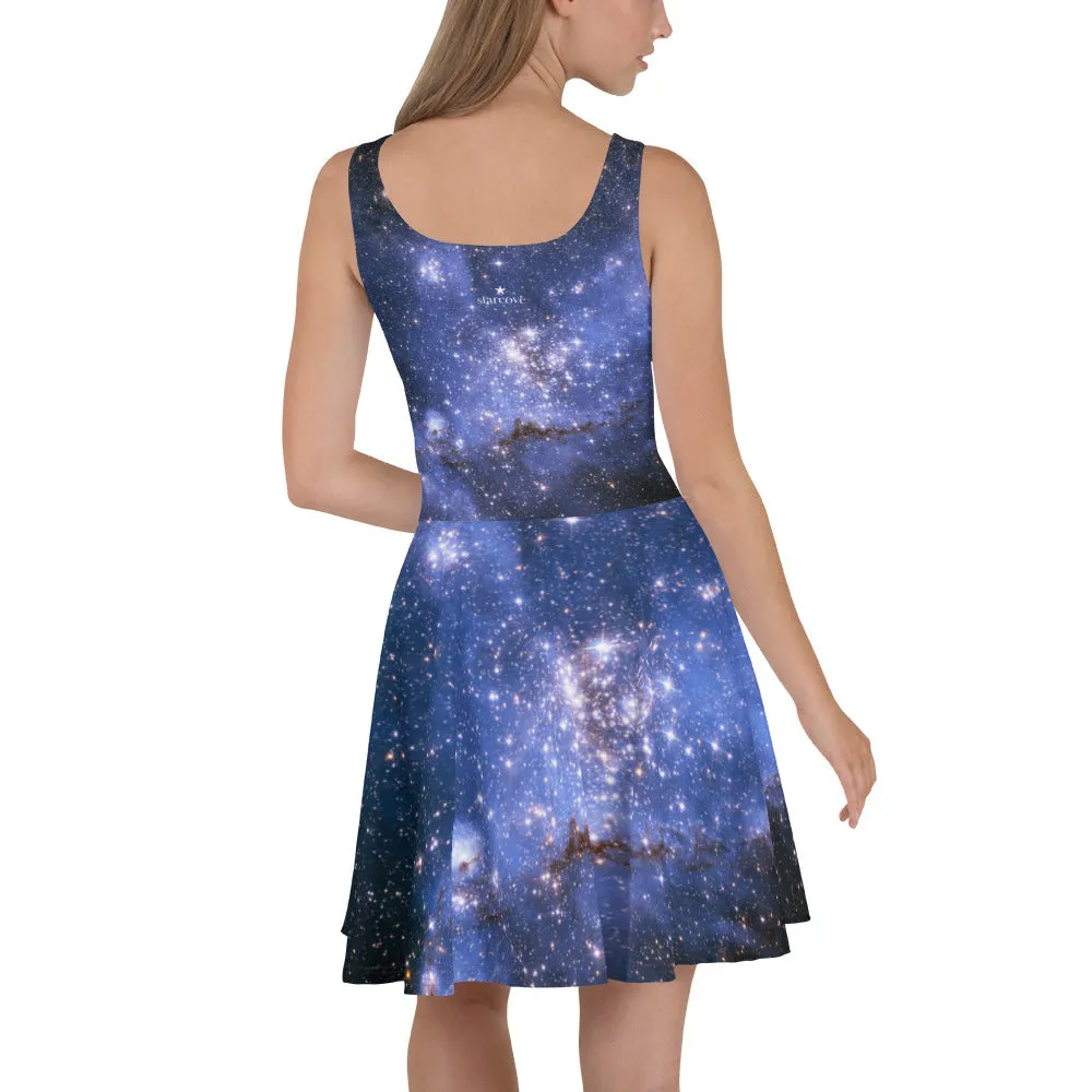 Blue Galaxy Skater Dress Women, Outer Space Print Night Sky Stars Starry Constellation Celestial Nebula Halter Festival Sleeveless