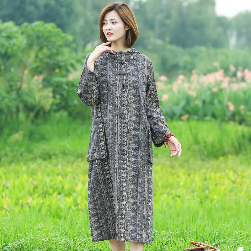 Bohemian Hooded Linen Midi Dress with Long Sleeves and Artistic Prints