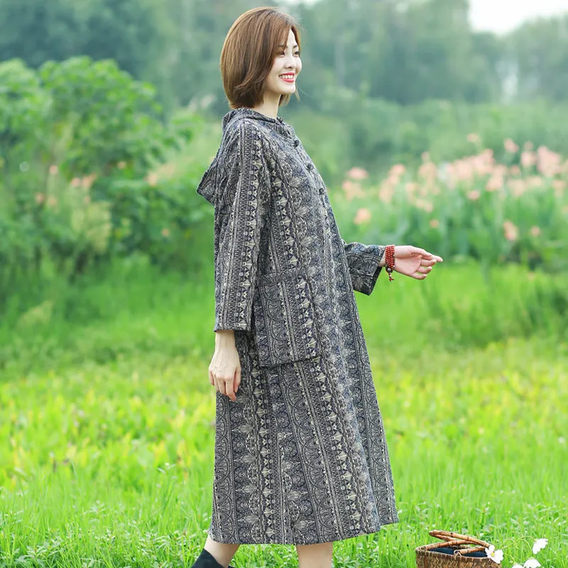 Bohemian Hooded Linen Midi Dress with Long Sleeves and Artistic Prints