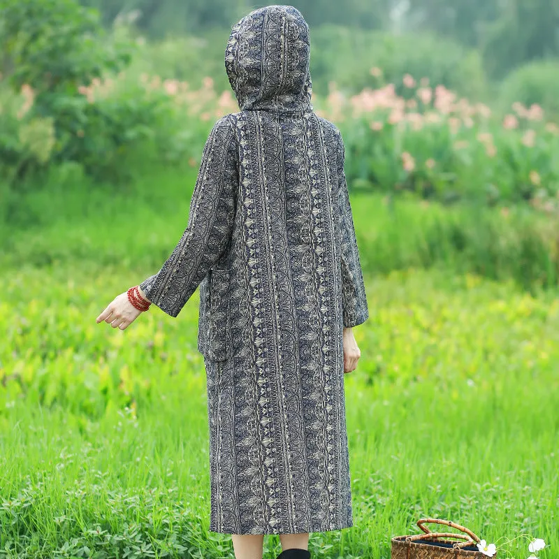 Bohemian Hooded Linen Midi Dress with Long Sleeves and Artistic Prints