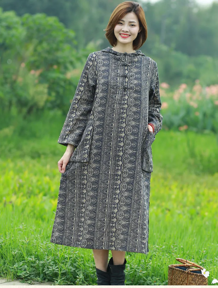 Bohemian Hooded Linen Midi Dress with Long Sleeves and Artistic Prints