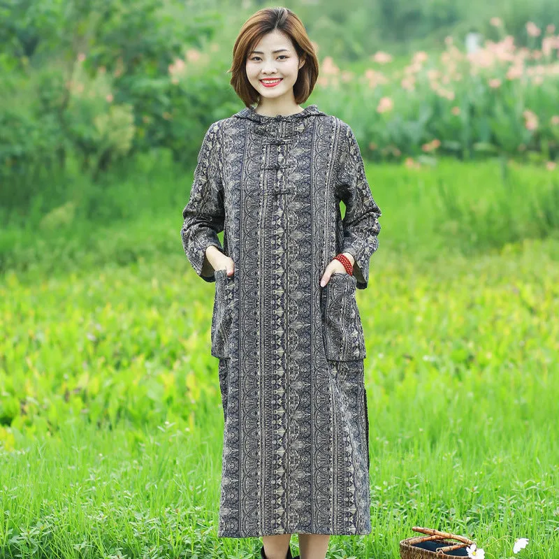 Bohemian Hooded Linen Midi Dress with Long Sleeves and Artistic Prints