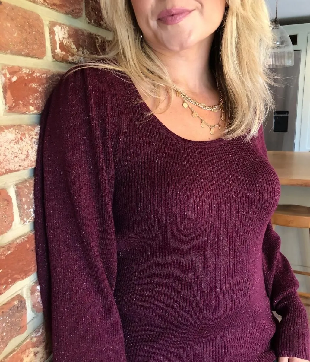 Burgundy Sparkle Metallic Scoop Neck Jumper