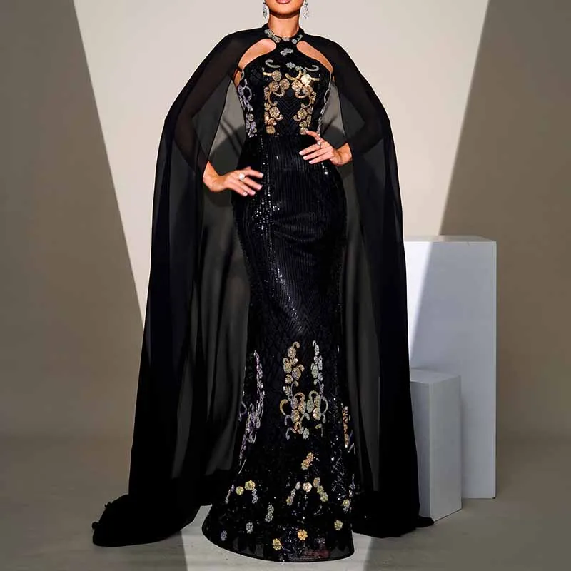 Cape Sleeve Mermaid Sequin Prom Dress Black Formal Ball Gowns