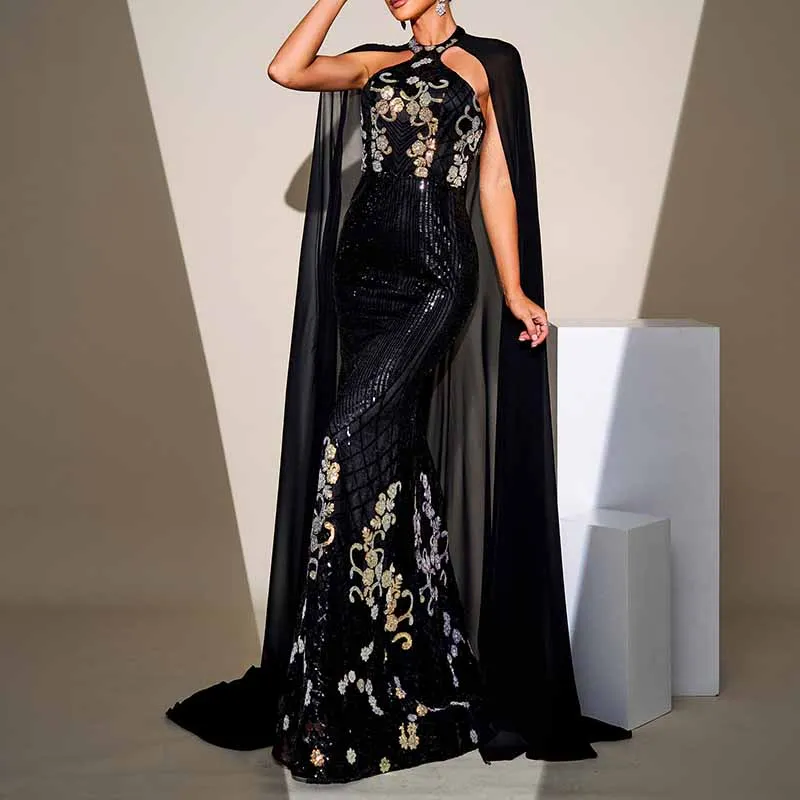 Cape Sleeve Mermaid Sequin Prom Dress Black Formal Ball Gowns