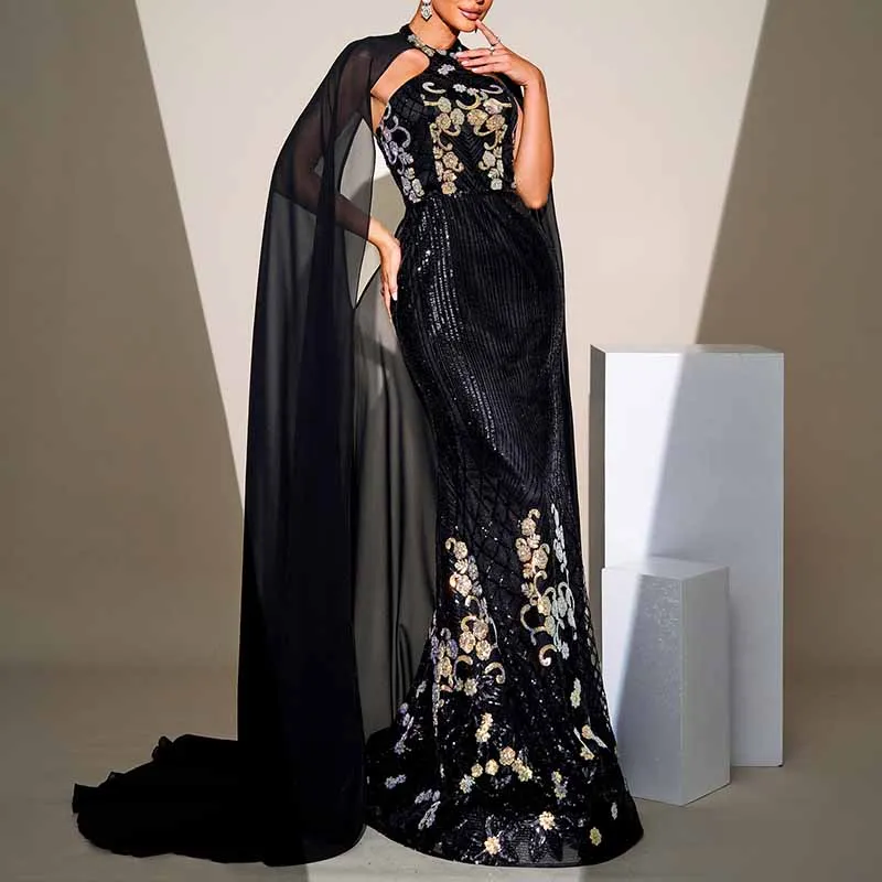 Cape Sleeve Mermaid Sequin Prom Dress Black Formal Ball Gowns