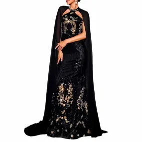 Cape Sleeve Mermaid Sequin Prom Dress Black Formal Ball Gowns