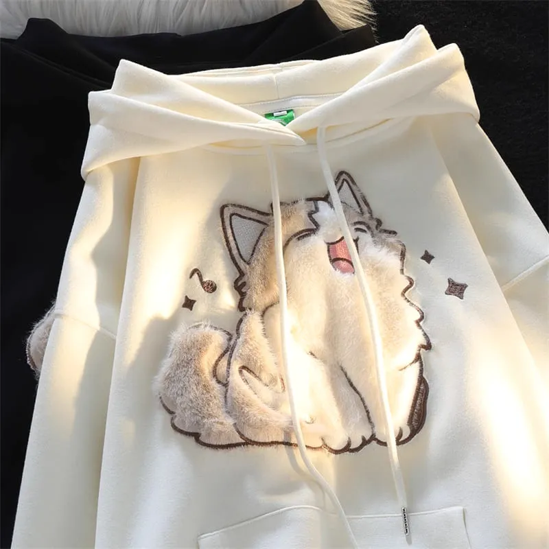 Cartoon Embroidery Singing Kitty Cat Hoodie