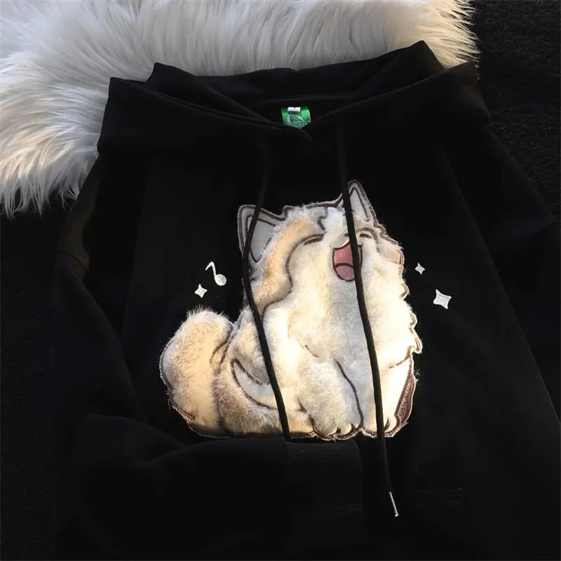 Cartoon Embroidery Singing Kitty Cat Hoodie