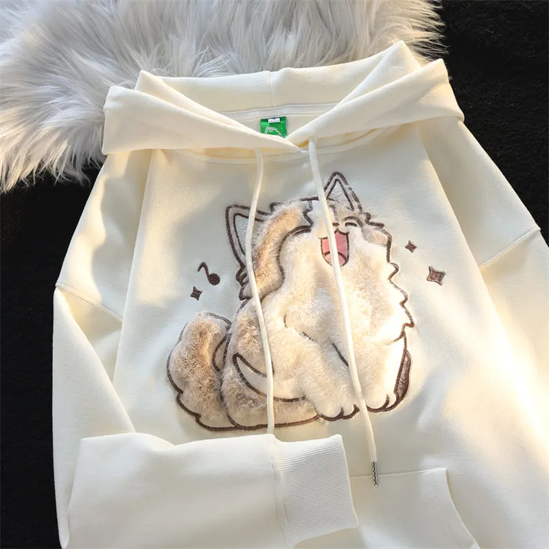 Cartoon Embroidery Singing Kitty Cat Hoodie