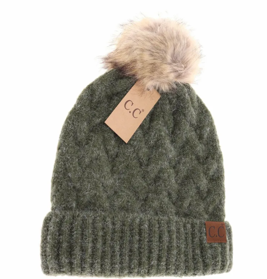 CC Beanie - Chunky Braided Cable Knit Fur Pom Beanie