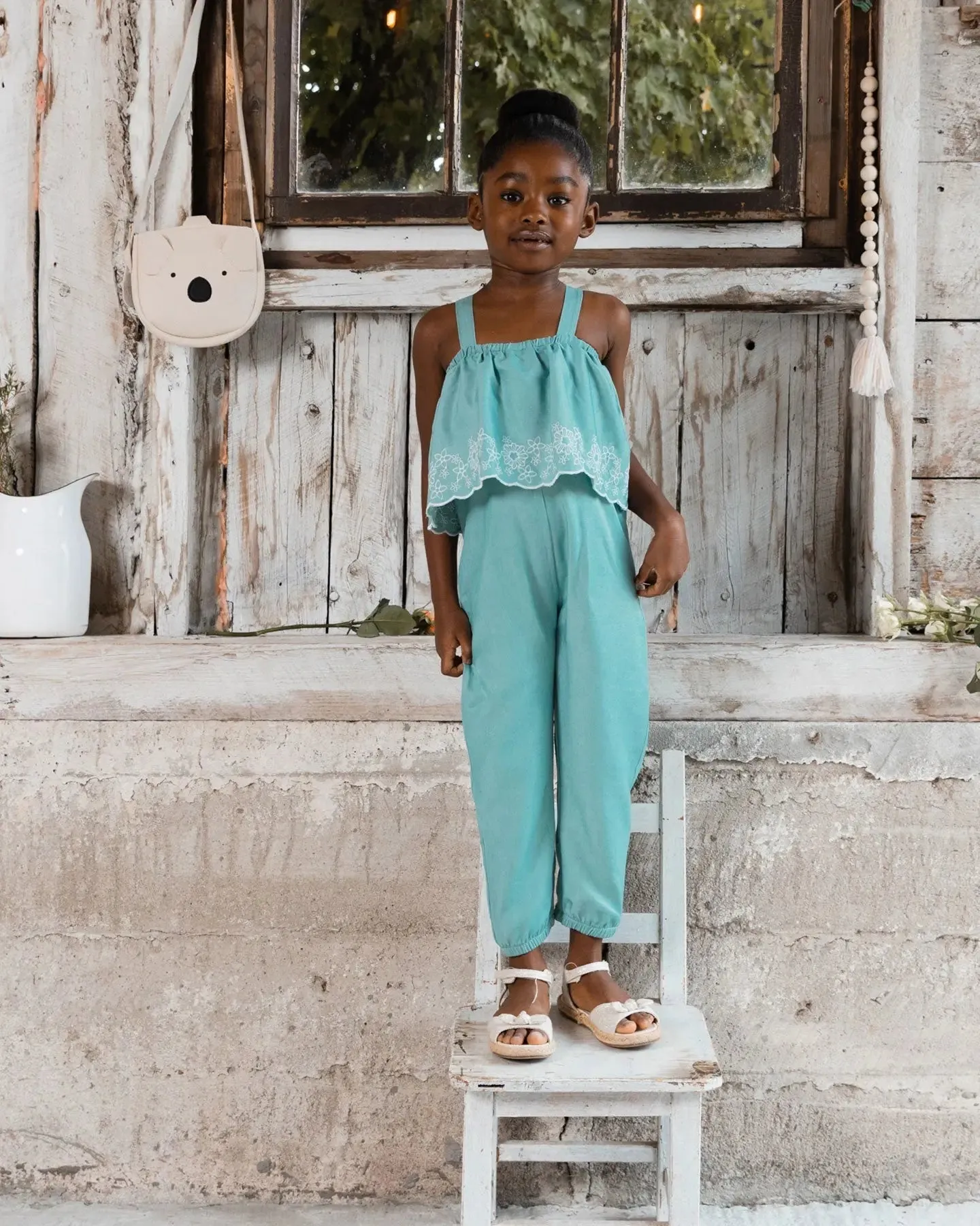 Chambray Jumpsuit With Embroidery Light Blue