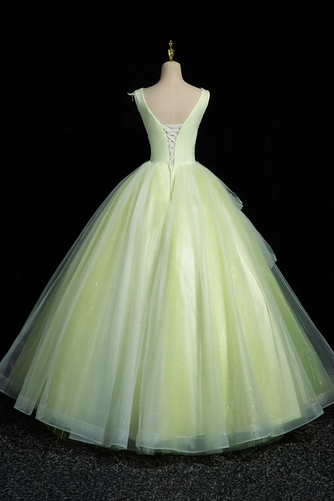 Charming Tulle Lace Green Prom Dresses, V-Neck Sleeveless Floor-Length Formal Evening Dresses