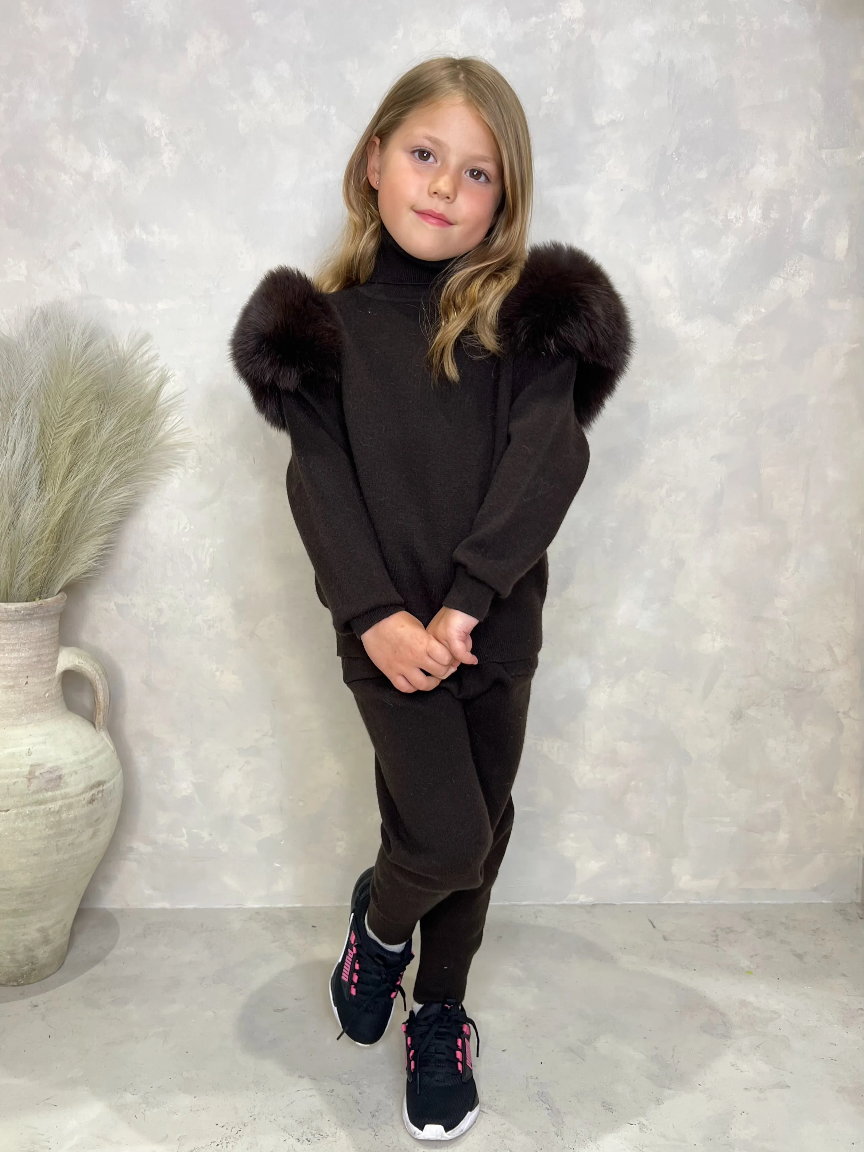 Childrens Chocolate Luxury Fur Roll Neck Jogger Tracksuit