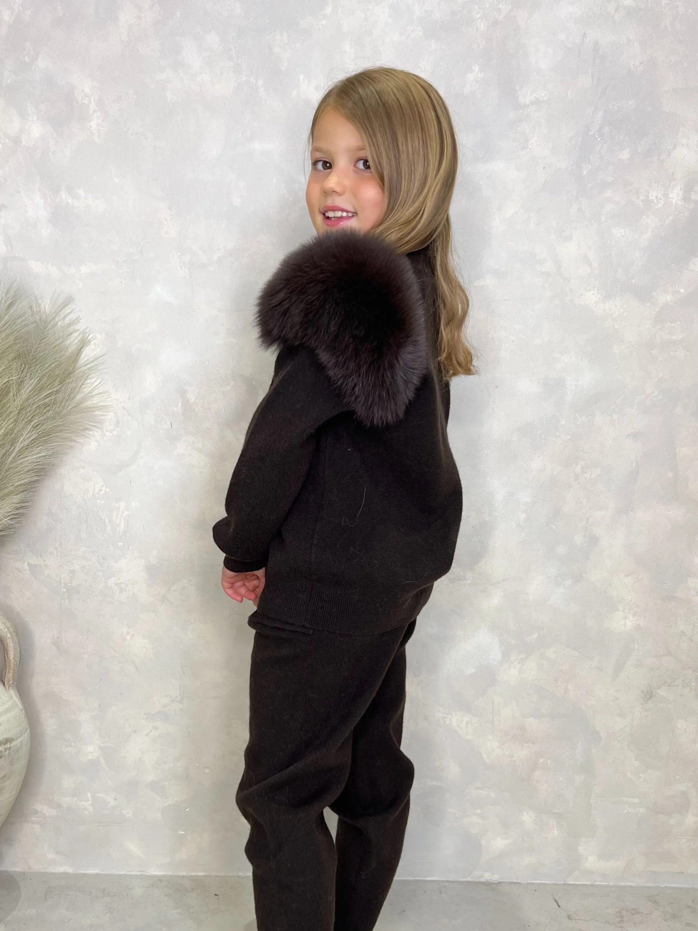 Childrens Chocolate Luxury Fur Roll Neck Jogger Tracksuit