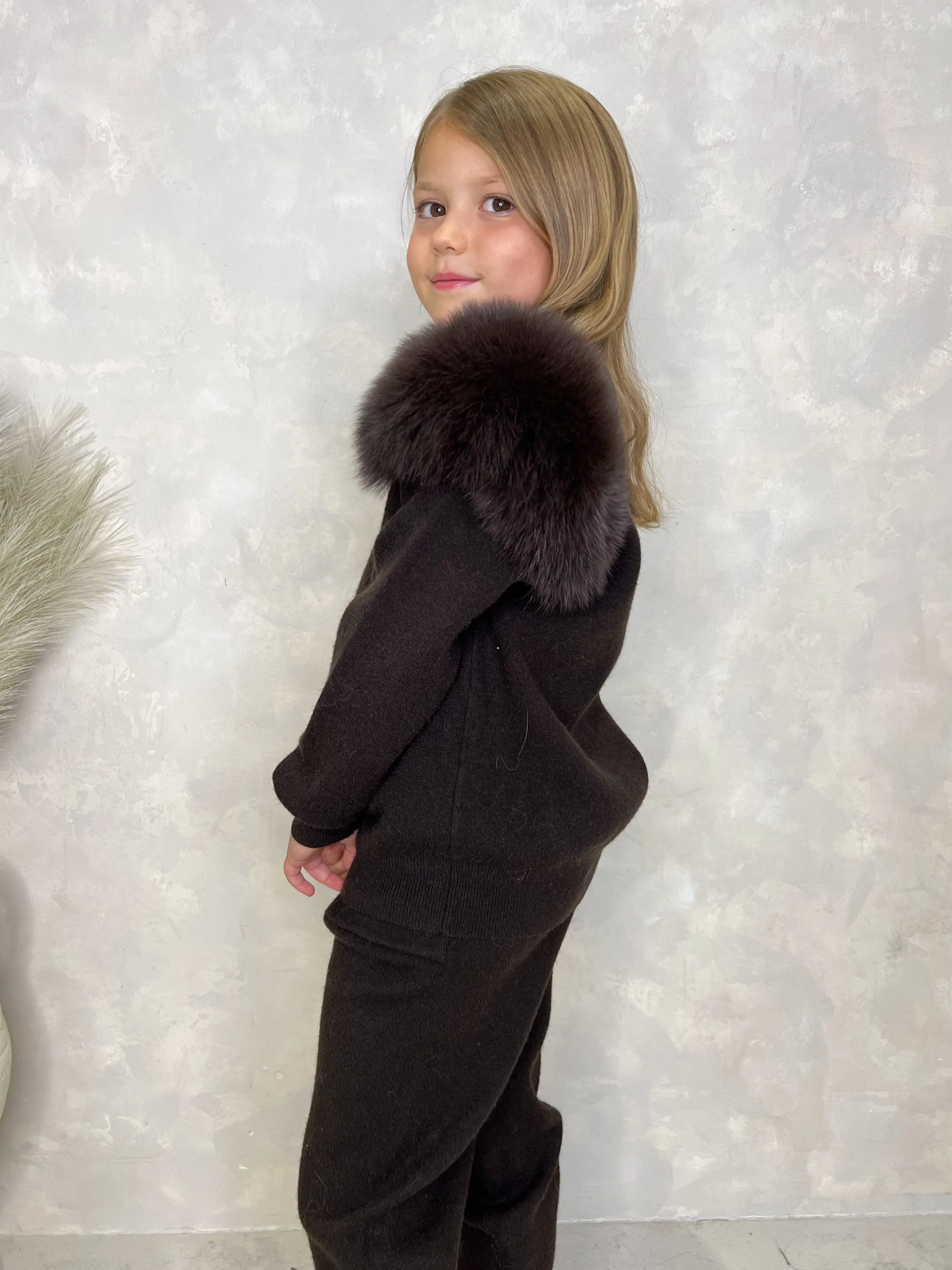 Childrens Chocolate Luxury Fur Roll Neck Jogger Tracksuit