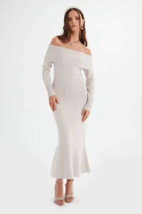 CLOVER Knitted Wool Bardot Midi Dress In Stone