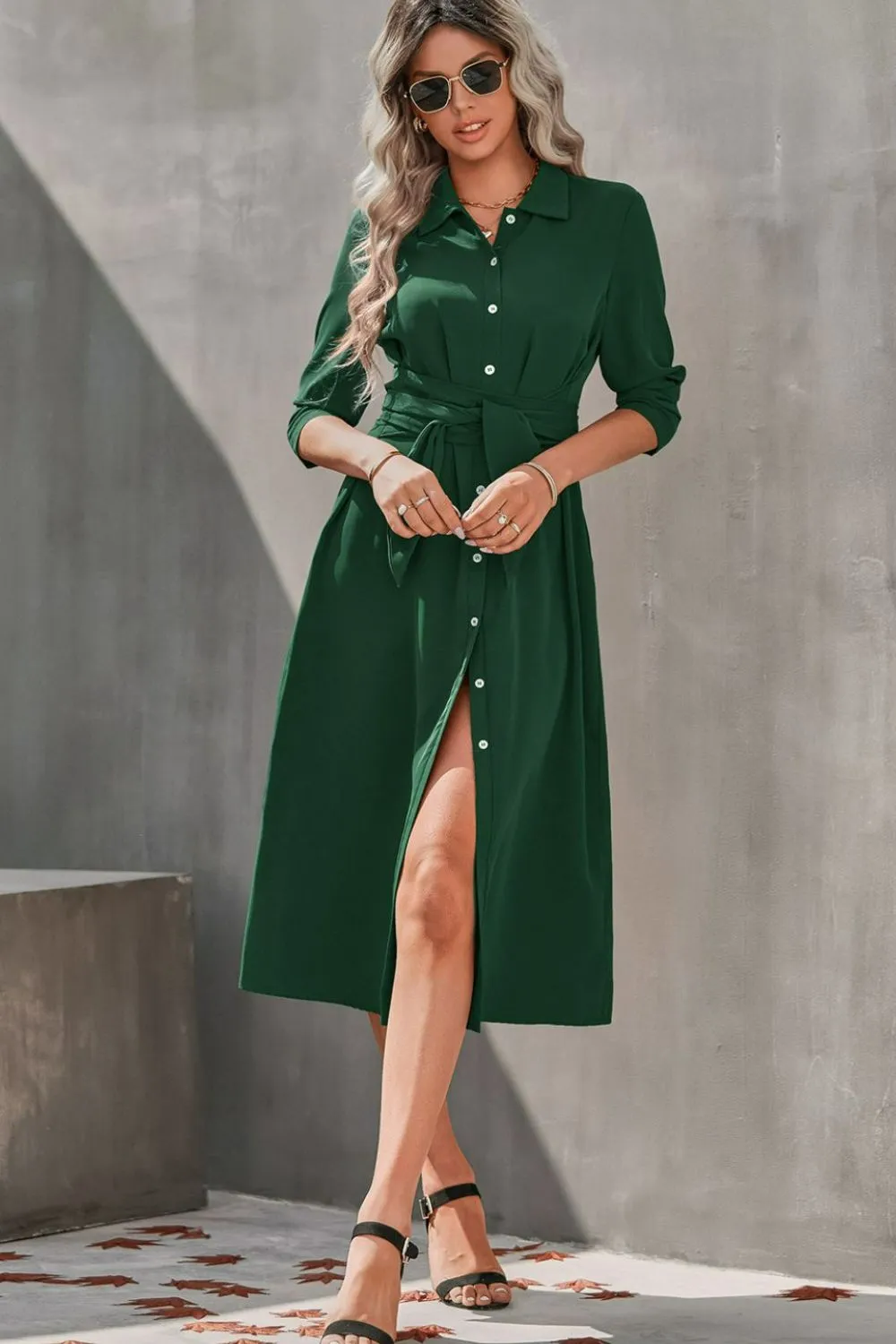 Collared Neck Tie Waist Midi Shirt Dress