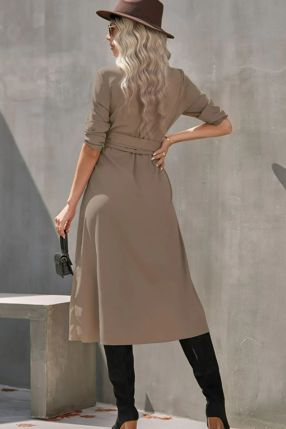 Collared Neck Tie Waist Midi Shirt Dress