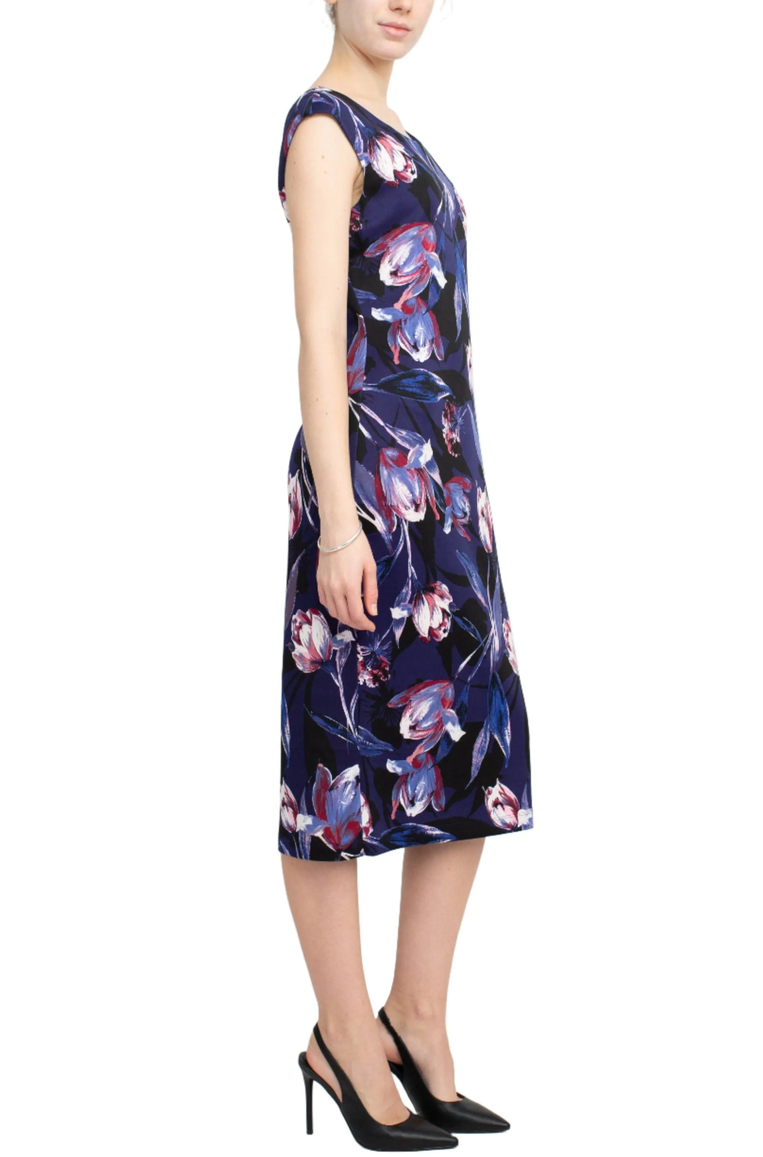 Connected Apparel Scoop Neck Cap Sleeve Zipper Back Floral Print Scuba Dress