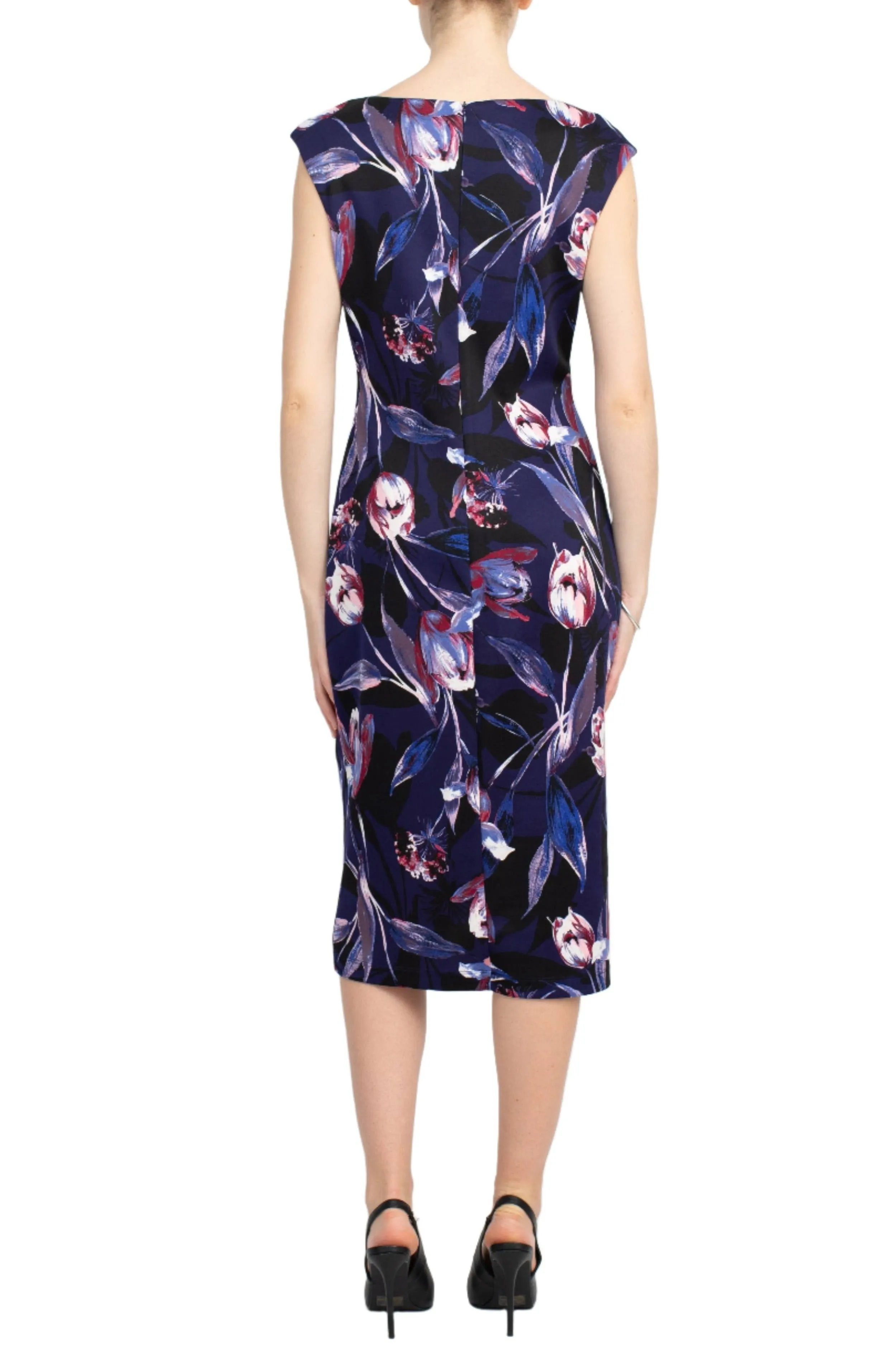 Connected Apparel Scoop Neck Cap Sleeve Zipper Back Floral Print Scuba Dress