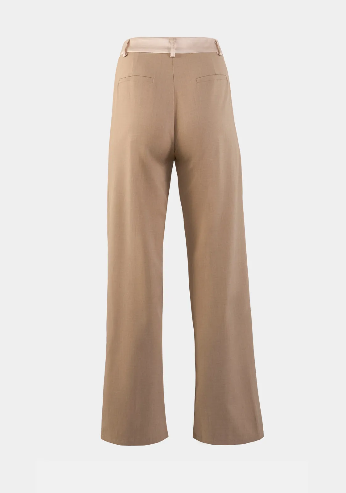 Contrast Satin Waist Pleat Detail Long Wide Pants