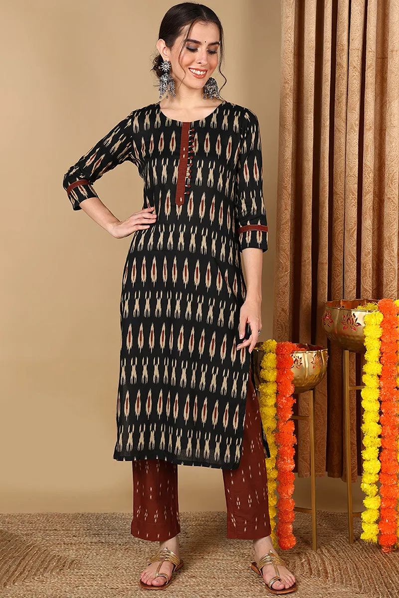 Cotton Blend Black Ikat Printed Straight Kurta With Pant