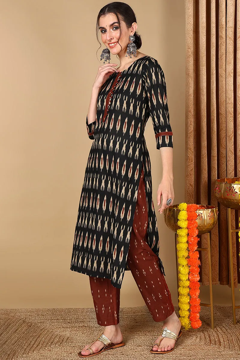 Cotton Blend Black Ikat Printed Straight Kurta With Pant