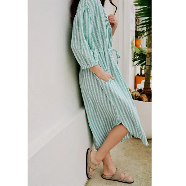 Crinkle Midi Dress - Grass Green   White Stripe