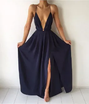 Custom Made A Line Backless Navy Blue Long Prom Dresses, Sexy Evening Dresses