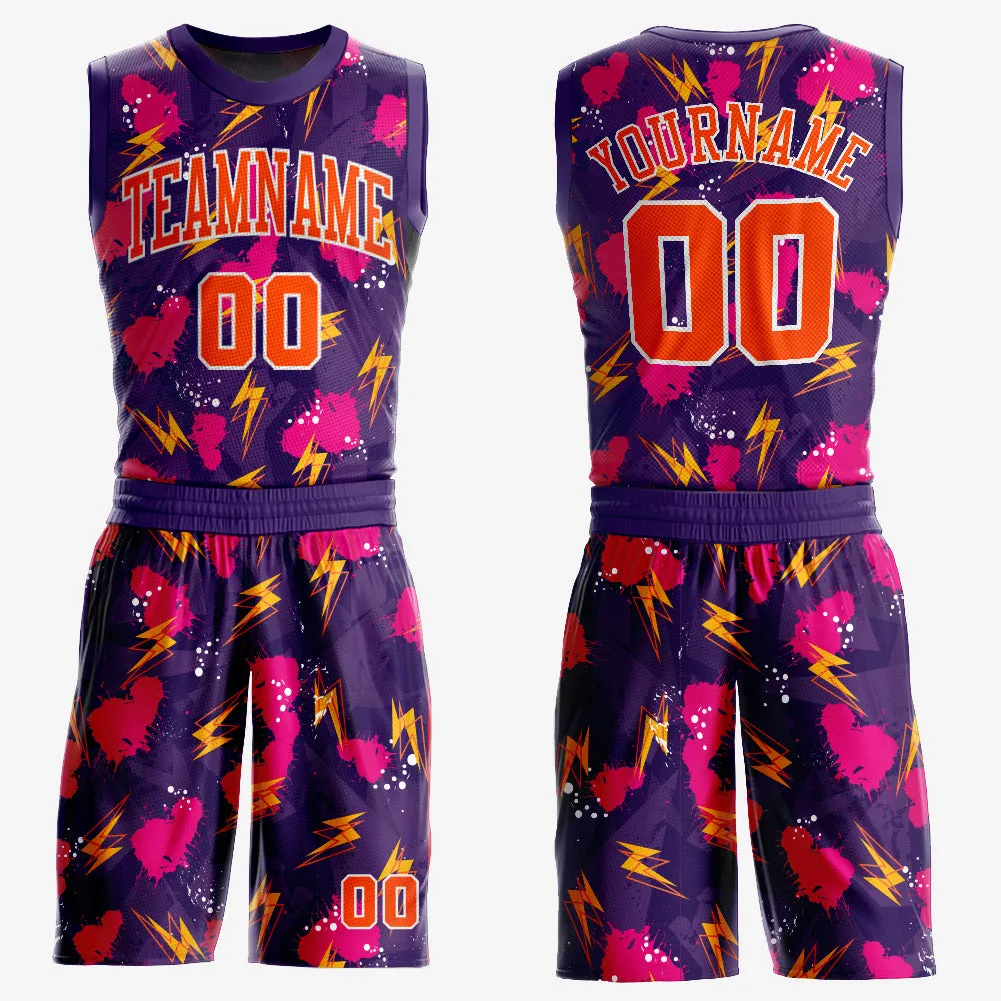 Custom Purple Orange-Gold Music Festival Round Neck Sublimation Basketball Suit Jersey