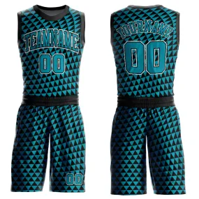 Custom Teal Black-White Triangle Shapes Round Neck Sublimation Basketball Suit Jersey