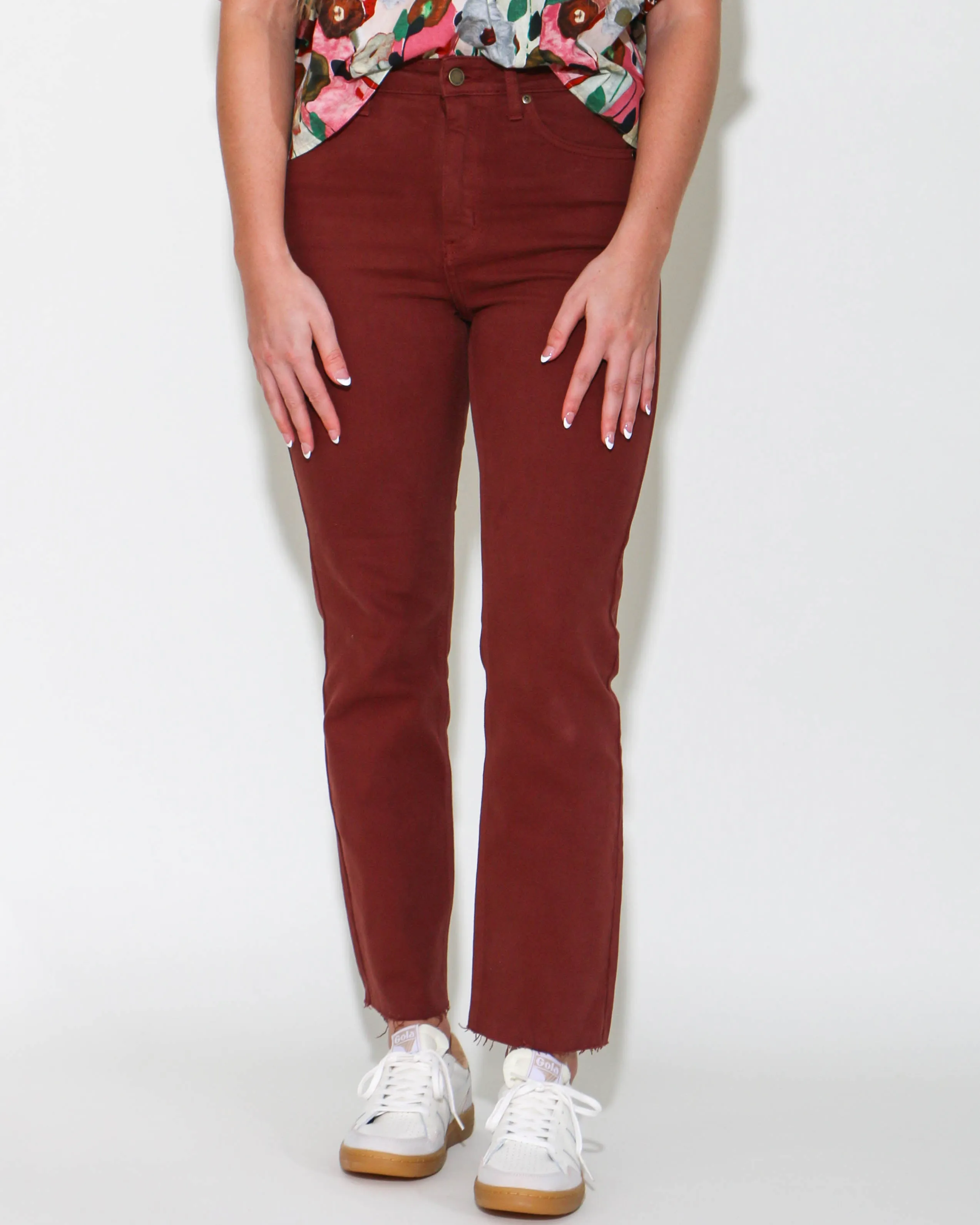 Cut Off Straight Leg Jeans Burgandy