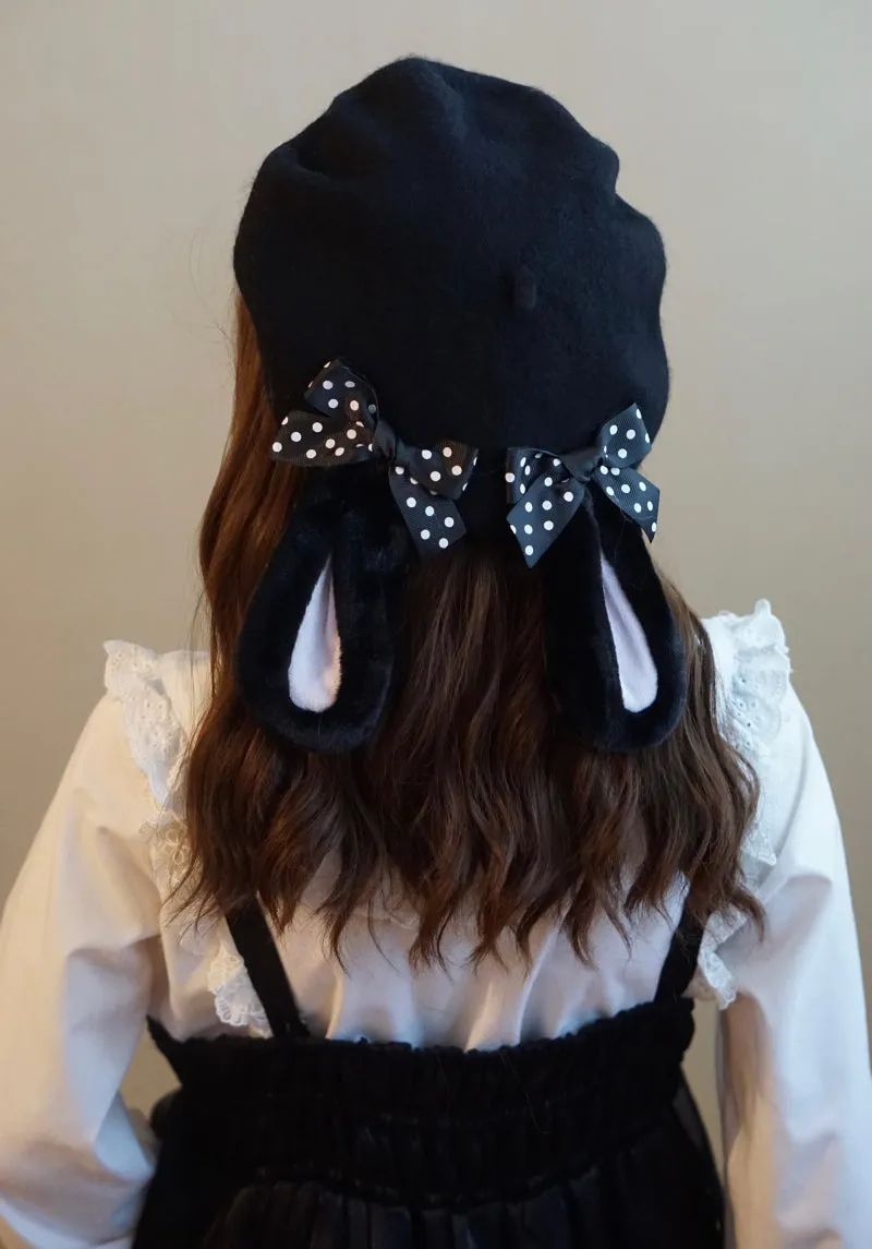 Cute Autumn Fall Handmade Lolita Brown Black Pink Lop Eared Rabbit Polka Dot Bow Wool Beret Hats