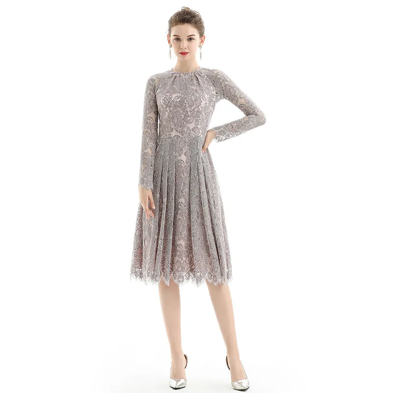 D080-4 Women peony flower scallop lace long sleeves flared pleated party midi dress