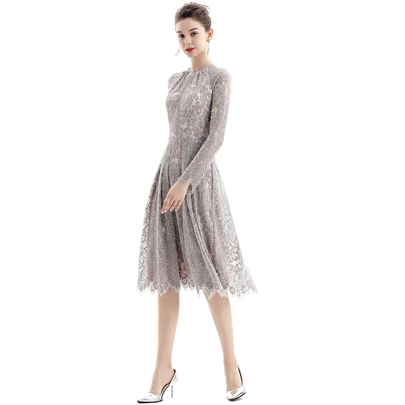 D080-4 Women peony flower scallop lace long sleeves flared pleated party midi dress