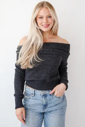 Dazzling Coziness Charcoal Off-The-Shoulder Sweater - DOORBUSTER