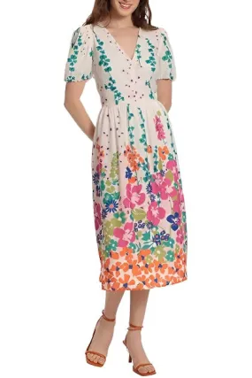 Donna Morgan Floral V-Neck Puff Sleeve Midi Dress